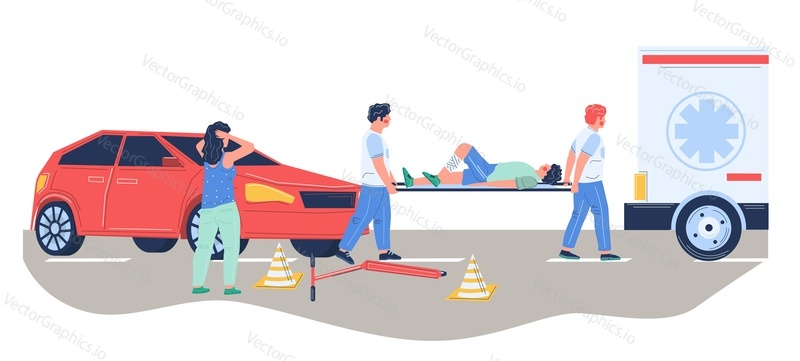 Young man was hit by car. Paramedic emergency medical team rescuing injured patient and transporting him to hospital on stretcher by ambulance car, vector flat illustration. Road traffic accident.