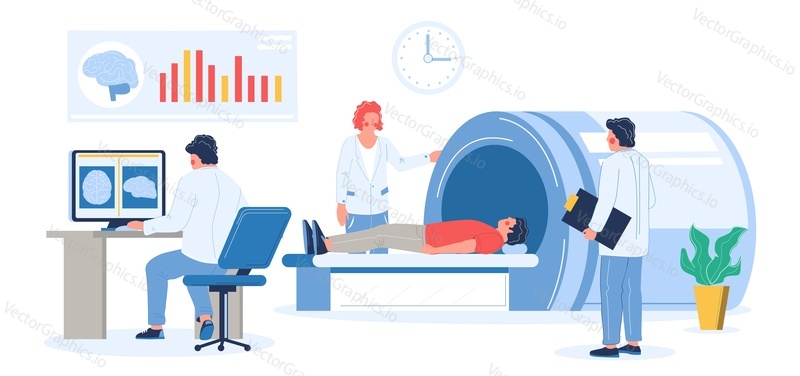 MRI exam procedure in clinic. Doctors, medical professionals doing head or brain mri scan of patient male character, flat vector illustration. Magnetic resonance imaging. Medicine and healthcare.