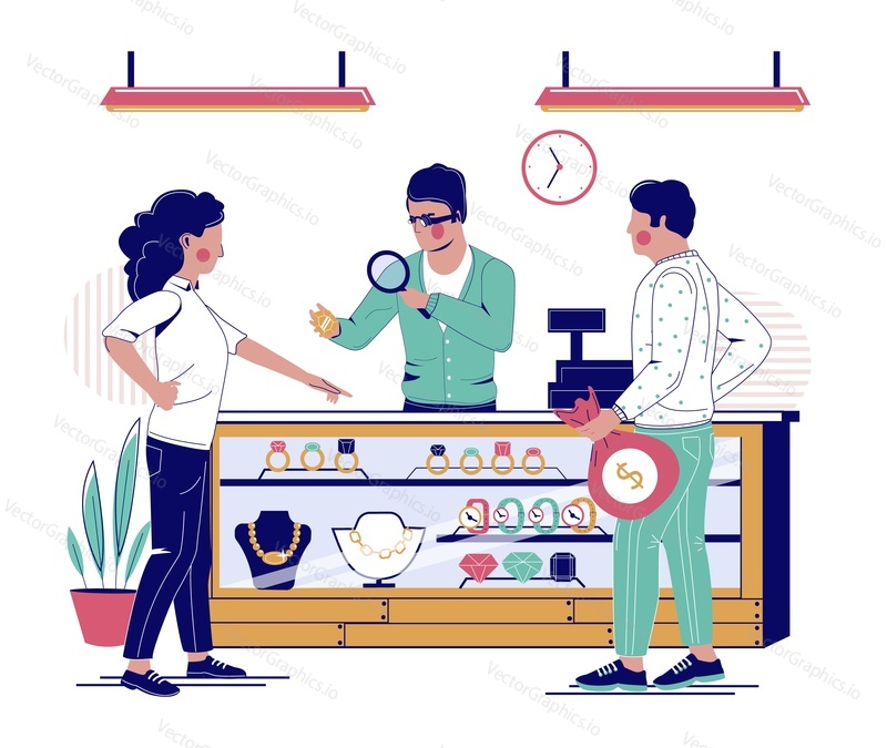 Jewelry store, vector flat illustration. Jewelry shop interior with jeweler looking at jewelry under magnifying glass and happy couple buying precious diamond ring.
