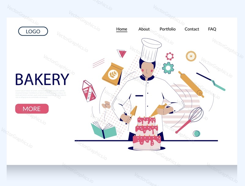 Bakery vector website template, web page and landing page design for website and mobile site development. Man in chef hat baker, pastry cook decorating cake. Confectionery, cake shop.
