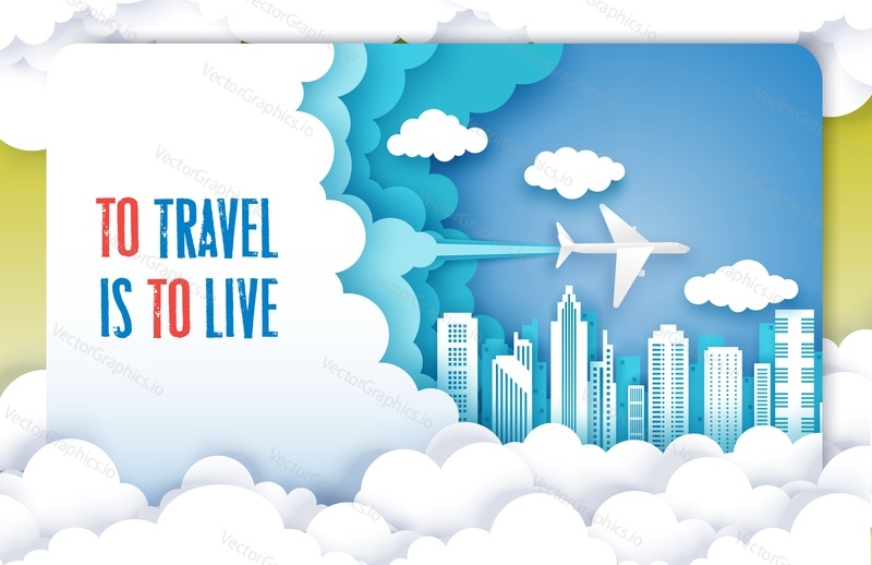 Vector layered paper cut style fluffy clouds, airplane flying over city skyscrapers. Time to travel, international tourism concept. Air travel poster template.