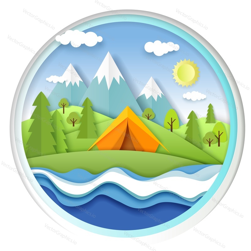 Turistický stan na břehu řeky, lesní a horské krajině. Vektorové ilustrace v papírové umění řemesla stylu. Letní kempování, turistika, trekking.