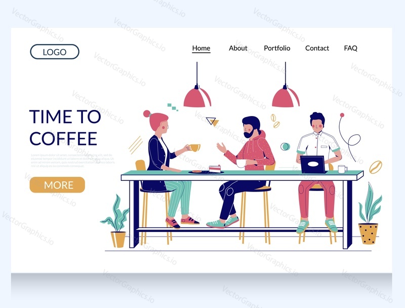 Šablona webových stránek time to coffee vector, design webových stránek a vstupních stránek pro vývoj webových stránek a mobilních stránek. Šťastný pár s šálky kávy sedí u stolu a mluví k sobě v kavárně.