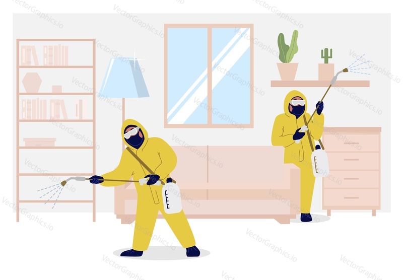 Home pest control services, vektorové ploché ilustrace. Tým deratizátorů postřik obývacího pokoje insekticidem, aby se zbavil hmyzu nebo hlodavců. Domácí dezinfekce, koncepce hubení hmyzu.