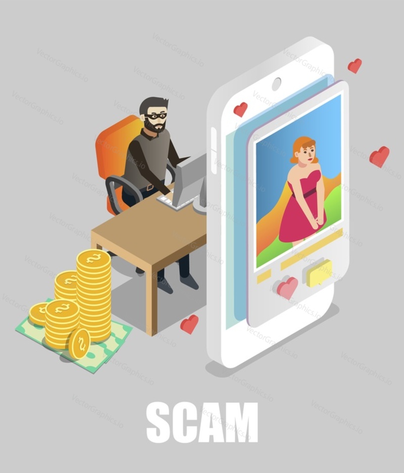 Online dating scam. Girl chatting with scammer, flat vector isometric illustration. Fake romance, dating fraud.