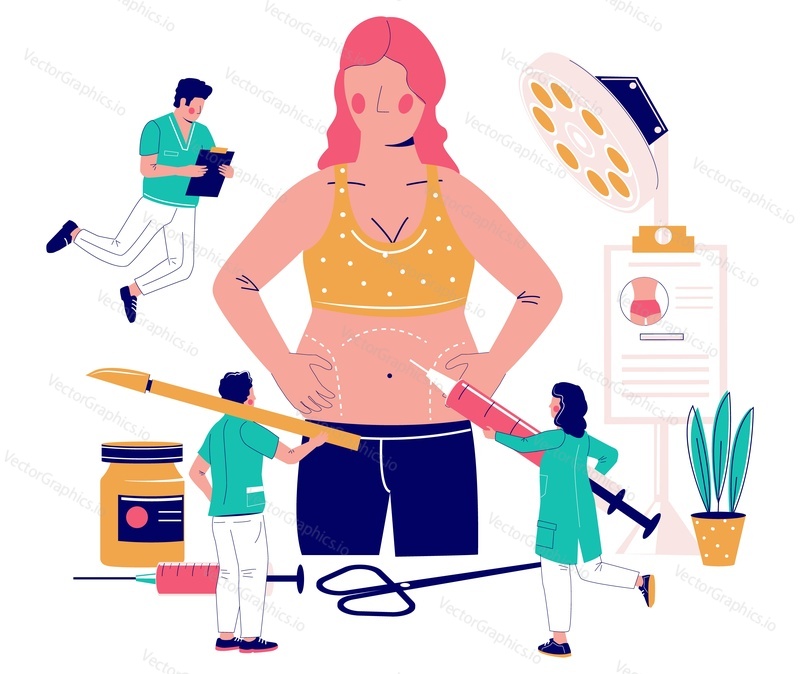 Tummy tuck, liposuction of abdomen vector flat illustration. Body contouring surgery. Plastic surgery procedure of fat or excess skin removing.