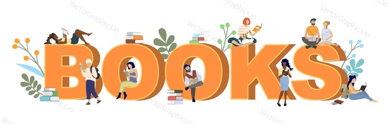 Люди, читатели, студенты, идущие, сидящие, лежащие и читающие книги, учеба, подготовка к экзамену, плоская векторная иллюстрация. Шаблон баннера для типографии книг. Книжный магазин, библиотека, фестиваль, хобби.