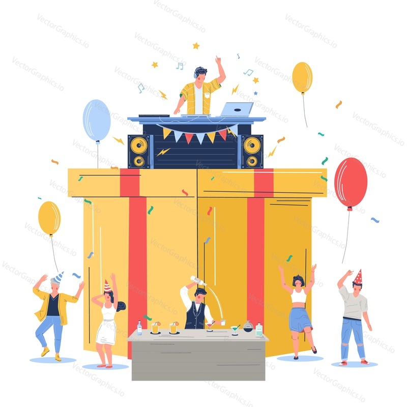 Skupina lidí slaví všechno nejlepší k narozeninám, vektorové ploché ilustrace. Velká dárková krabička, drobné postavy tančí a baví se. Barman dělá alkoholový koktejl, dj hraje hudbu. Narozeninový dj dance disco party.