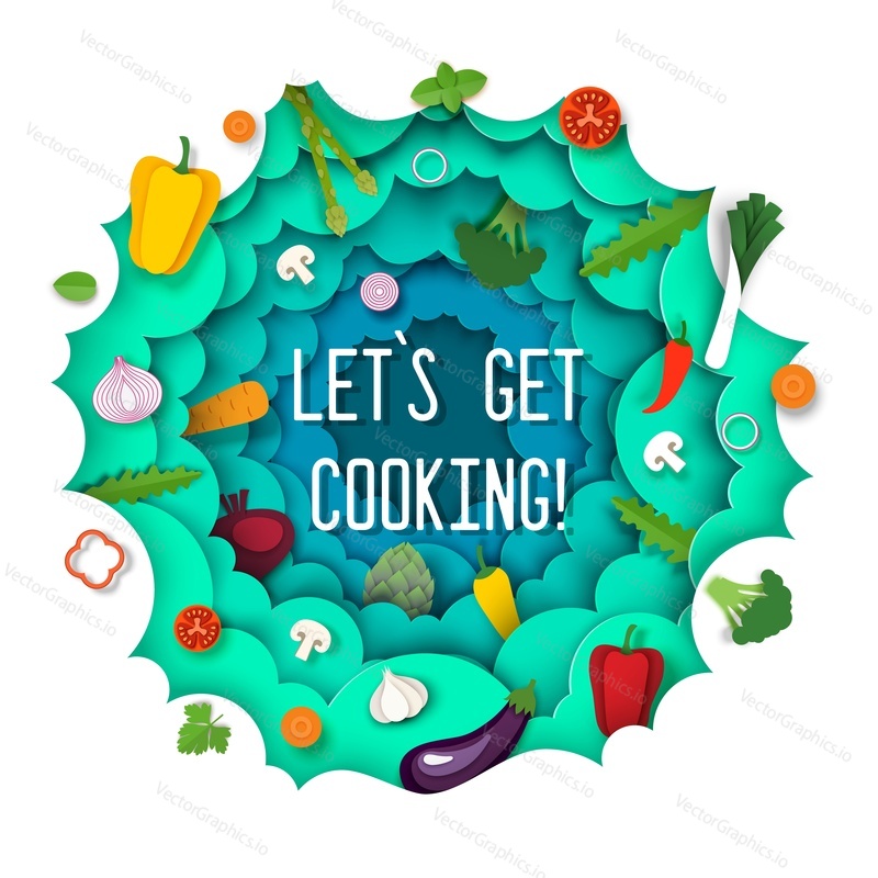 Paper cut craft style fresh vegetables, vector illustration. Healthy organic food. Culinary course poster design template.