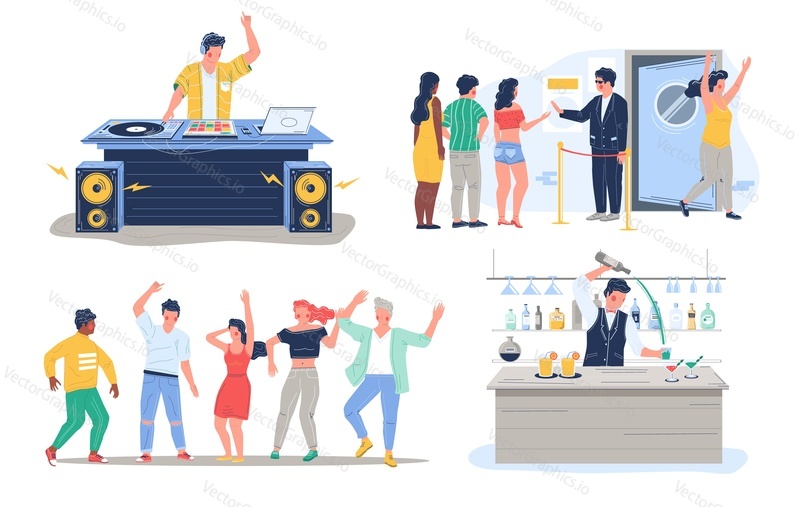 Набор символов для дискотеки ночного клуба dj dance party, векторная плоская иллюстрация. Люди танцуют, веселятся, ди-джей играет музыку, бармен готовит алкогольные коктейли, фейс-контроль. Дискотека в ночном клубе.