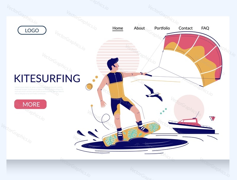 Kitesurfing vector website template, web page and landing page design for website and mobile site development. Kiteboarder being pulled across water by kite. Kiteboarding kite surf extreme water sport