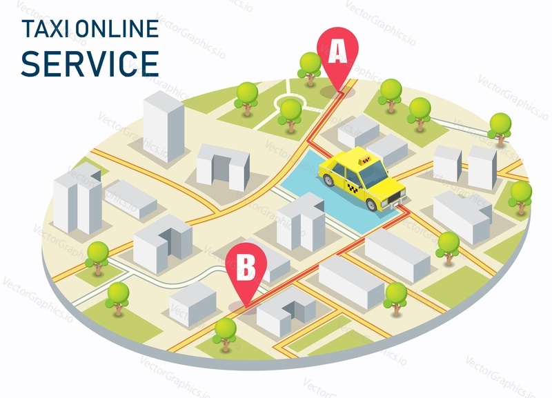 Městské taxi on-line služby vektorové koncepce ilustrace. Izometrická mapa města se žlutým taxíkem, lokalizační kolíky. Objednat taxi online, navigace mobilní aplikace.
