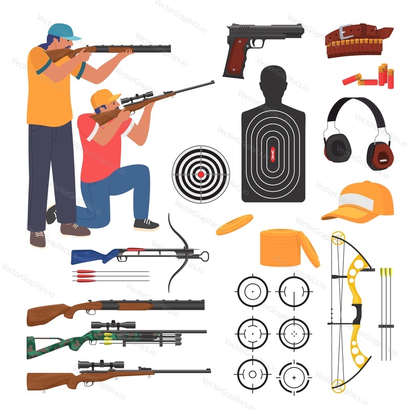 Shooting club and range weapons and accessories, flat vector isolated illustration. Target, rifle, pistol, bullet, archery crossbow, earmuff, gun accessories such as sling, holster. Shooting sport.