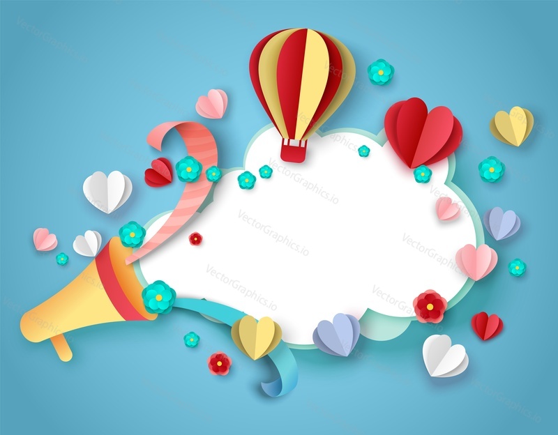Papír řezané srdce, horkovzdušné balóny, květiny, stuhy létající z Megafonu. Vektorové ilustrace v papírové umění řemesla stylu. Šťastný Valentines den pozadí s kopií prostoru.