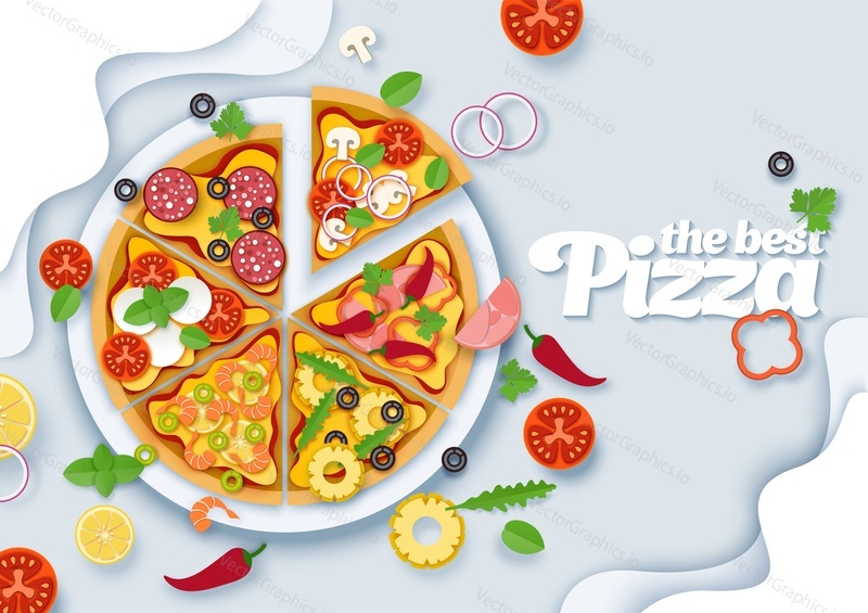 Vynikající italská pizza. Vektorové vrstvený papír střih styl pohled shora ilustrace. Různé druhy plátků pizzy se salámem, sýrem, rajčaty, mozzarellou, houbami, ananasem, olivami, mořskými plody.