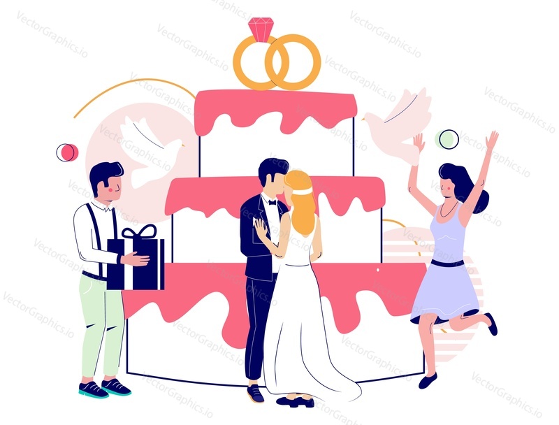 Big wedding cake with two rings cake toppers, micro characters bride and groom, man with gift box, woman releasing doves vector flat illustration. Sweet dessert, pastry shop, wedding organizer service