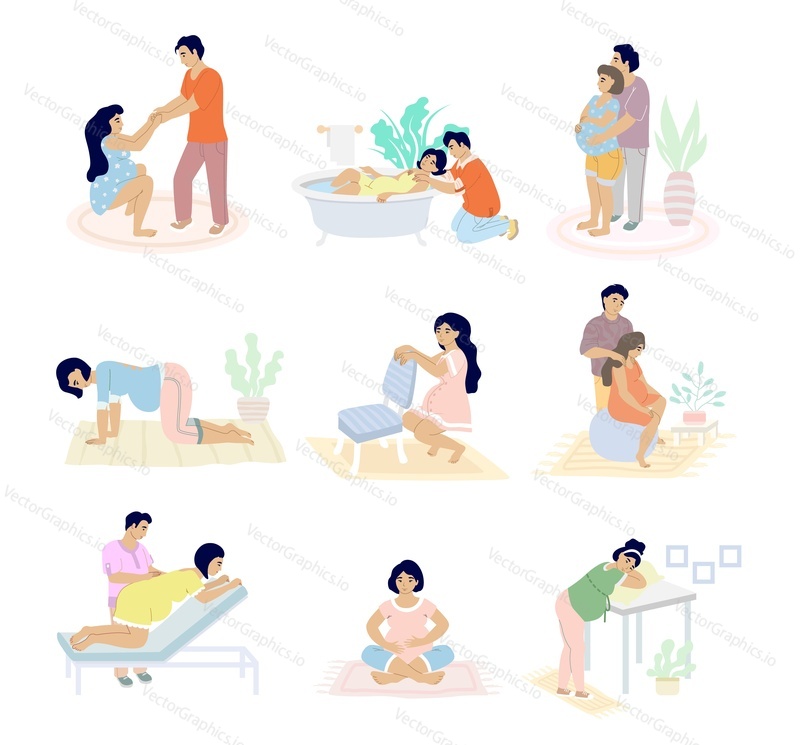 Birth positions set, vector flat isolated illustration. Pregnant woman in labour supported by husband. Moms giving birth sitting, standing, kneeling, in water, using birthing ball, stool positions.