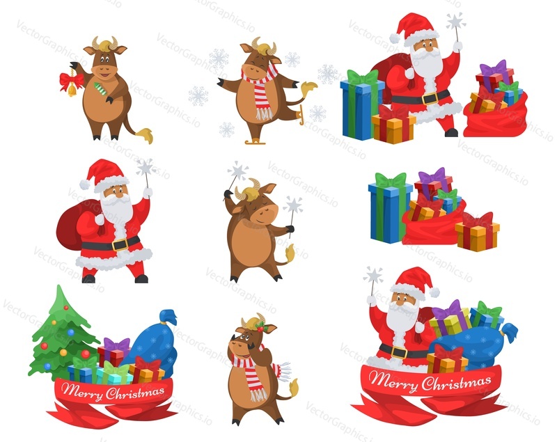 Merry Christmas set, flat vector isolated illustration. Happy Santa Claus with gifts, chinese zodiac 2021 sign, cute ox ice skating, ringing the bell, holding sparklers. Happy New Year celebration.