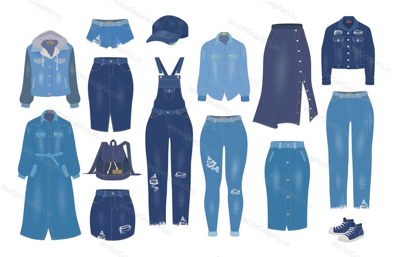 Women denim clothes set, flat vector illustration isolated on white background. Jean outfit, casual clothing, ripped jeans models. Blue jean pants, jacket, shirt shorts dress overall cap bag sneakers.