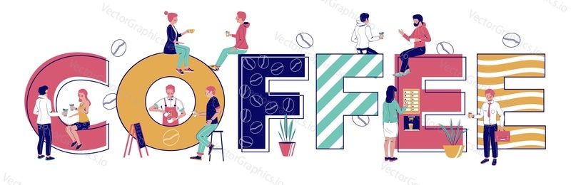 Káva typografie banner šablona, vektorové ploché ilustrace. Lidé kupují horký nápoj z automatu. Barista dělá kávu pro mladého muže, lidé pijí kávu, zatímco sedí na velkých písmenech.