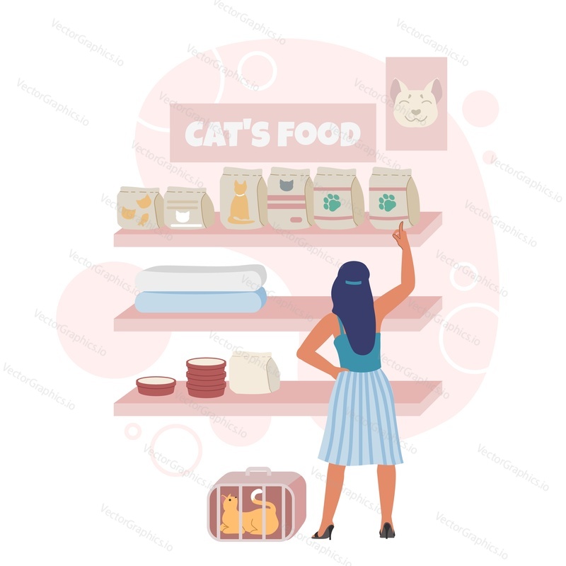 Woman buying cute kitty and food pointing at pet food products on shelf, vector flat illustration. Pet store.