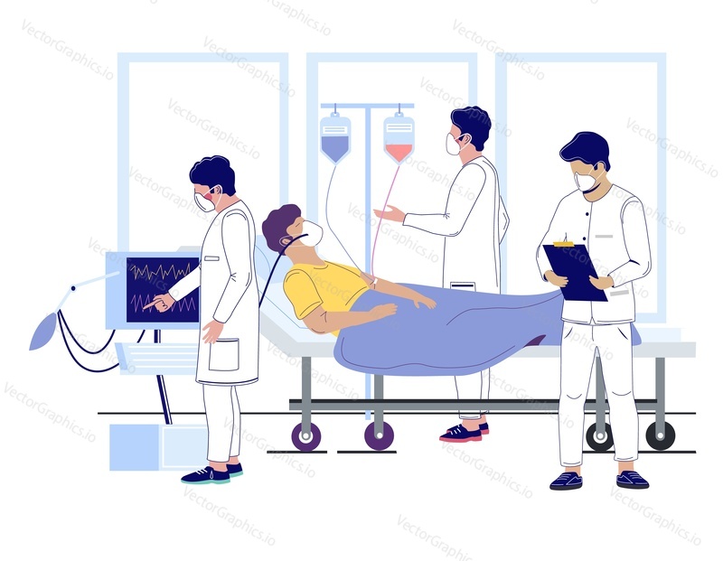 Doctors using IV fluid and ventilator to keep severely-ill coronavirus patient alive, vector flat illustration. ICU room, medical ward, hospital treatment for coronavirus respiratory disease COVID-19.