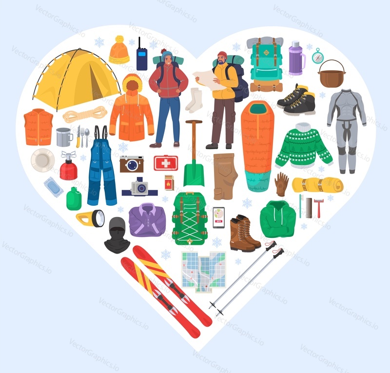 Winter trekking essentials flat vector illustration. Heart shape composition of winter mountain hiking gear and equipment. Warm outdoor clothes, backpack, tent, compass, hiking boots, map, ski, shovel