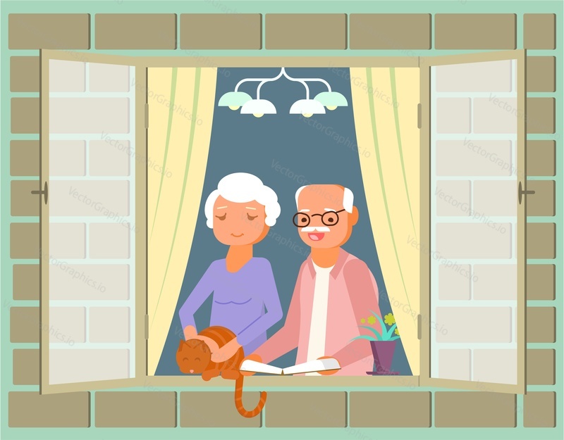 Starší pár stojící u okna, vektorové ploché ilustrace. Zůstaňte doma, karanténní preventivní opatření, abyste zůstali zdraví během pandemie viru corona. Nový virus prevence šíření nemocí COVID-19.