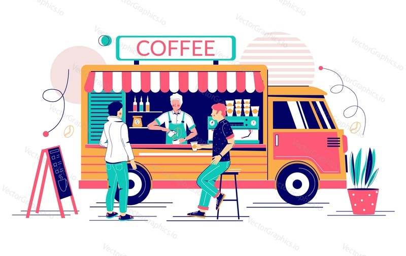Coffee truck s barista dělat horký energetický nápoj pro mladého muže, vektorové ploché ilustrace. Street food van, mobilní kavárna, kavárna na kolech, koncept potravinářského autobusu pro webový banner, webovou stránku atd.