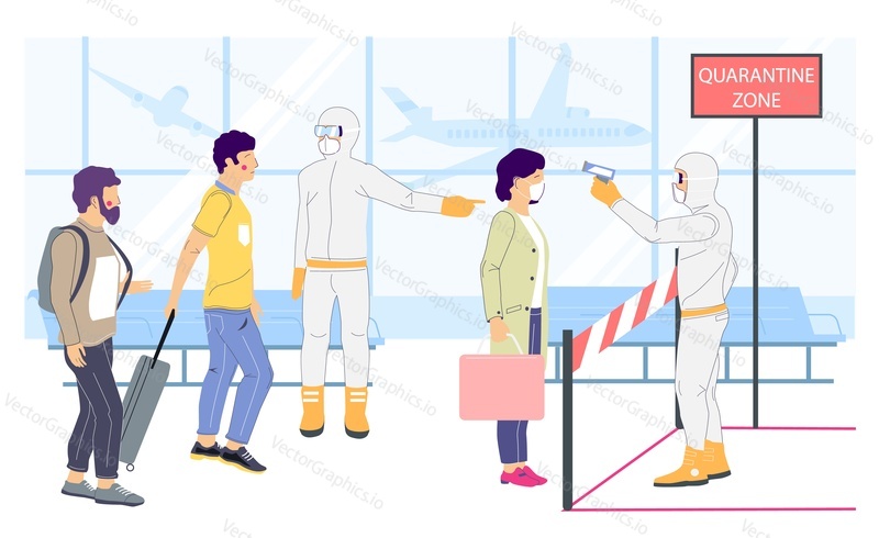 Karanténní zóna, infikovaná oblast, vektorové ploché ilustrace. Coronavirus COVID-19 cestovní omezení a zdravotní screeningová opatření pro cestovatele. Prevence respiračních onemocnění koronaviru.