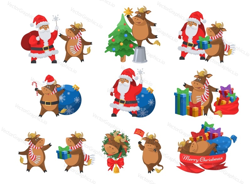 Merry Christmas set, flat vector isolated illustration. Happy Santa Claus and cute ox, chinese zodiac 2021 sign with gifts, Christmas tree, ball, wreath, bell. Happy New Year celebration.