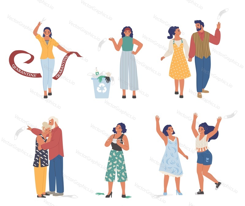 Defeated Covid-19, ending coronavirus pandemic quarantine characters, flat vector illustration. Happy people walking outdoors, removing face masks and throwing them away. Coronavirus lockdown finish.
