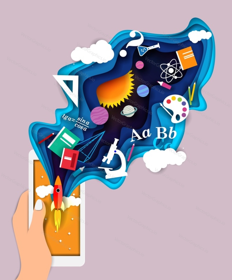 Lidská ruka drží smartphone s létajícími raketami, školními potřebami, vzdělávacími a vědeckými symboly. Vektorové ilustrace v papírové umění řemesla stylu. Koncept aplikace pro mobilní vzdělávání.
