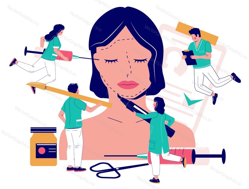 Facial plastic surgery vector concept flat style design illustration. Face contouring surgery. Face lifting, nose and chin reshaping, rhinoplasty and other procedures.