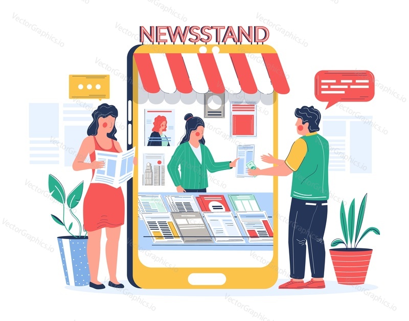 Man buying and woman reading newspaper magazine online in mobile phone newsstand, vector flat illustration. Digital newsstand concept with male and female cartoon characters news readers.