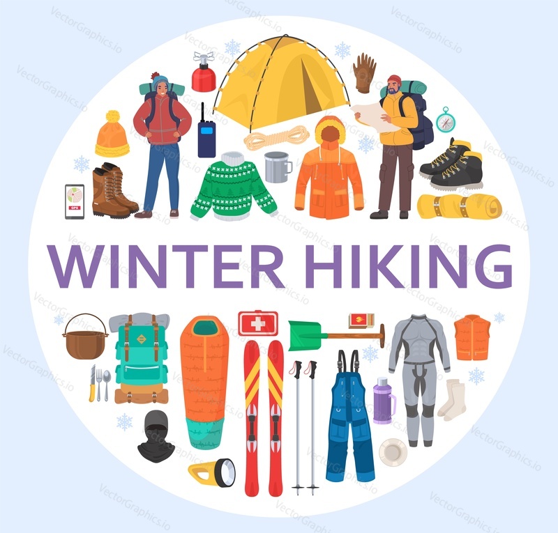 Winter hiking gear circle composition, flat vector illustration. Mountain travel, winter trekking equipment. Warm clothes, backpack, compass, tent, skis, sleeping bag, hiking shoes, campfire tools etc