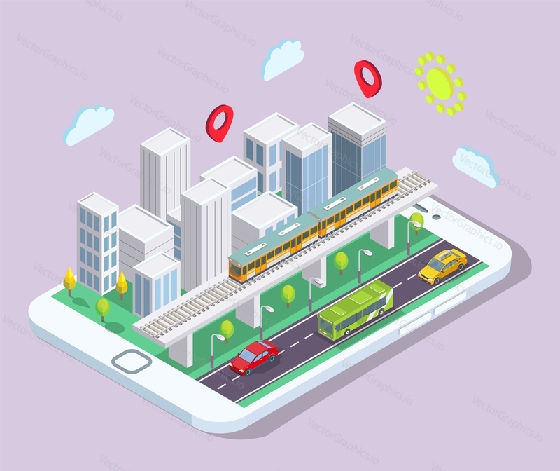 Izometrické město s veřejnou dopravou na obrazovce smartphonu, ploché vektorové ilustrace. Taxi auto, autobus, rychlý tranzitní vlak metra. Městská doprava. Mobilní aplikace trasy veřejné dopravy.