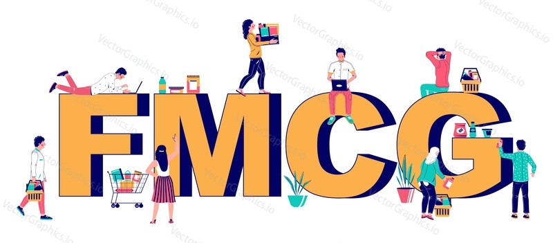 Типографский баннер для быстро движущихся потребительских товаров FMCG. Покупатели с корзиной покупок и корзинкой, плоская векторная иллюстрация. Низкая стоимость и быстро продаваемая продукция. Бизнес и коммерция, FMCG розничная торговля.