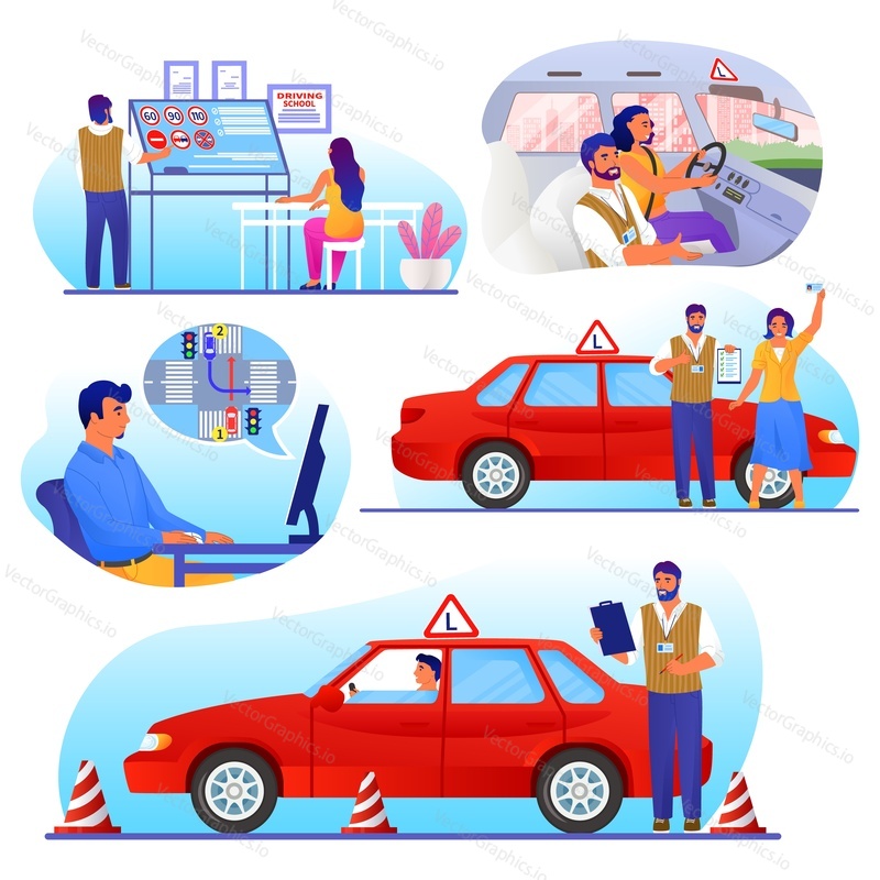 Autoškola set, ploché vektorové izolované ilustrace. Lidé se učí pravidla silničního provozu, řízení auta s instruktorem, složení zkoušky, získání licence. Vzdělávání řidičů, online lekce.