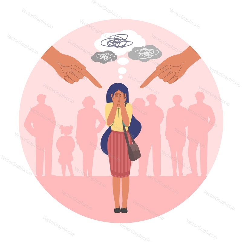 Human fingers pointing at crying girl, flat vector illustration. Social pressure, verbal bullying concept.