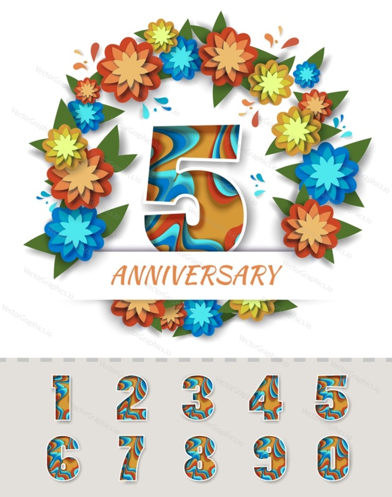 Vector layered paper cut style number 5 in floral wreath. numbers from 0 to 9. 5th year anniversary invitation, greeting card, poster template.