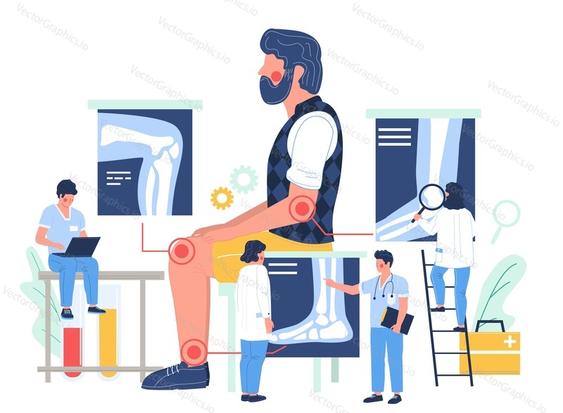 Elbow, knee and ankle arthritis. Man patient suffering from joint pain, flat vector illustration. Tiny doctors examining xray pictures of joints in doctor office. Osteoarthritis, rheumatoid arthritis.
