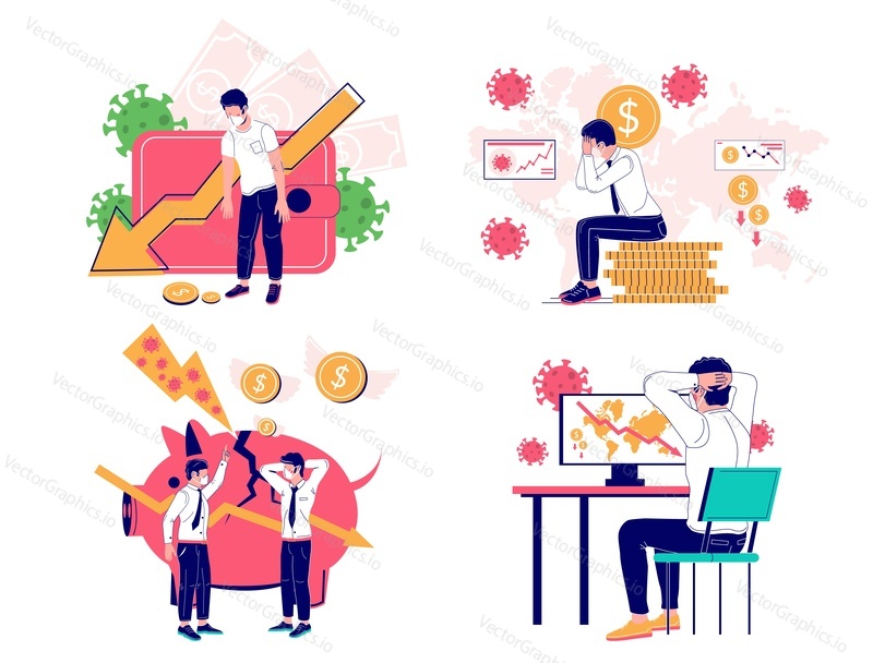 Coronavirus economic crisis scene set, vector flat illustration. Business people suffering financial losses due to corona virus pandemic spread and efforts to quarantine it. Coronavirus economy impact