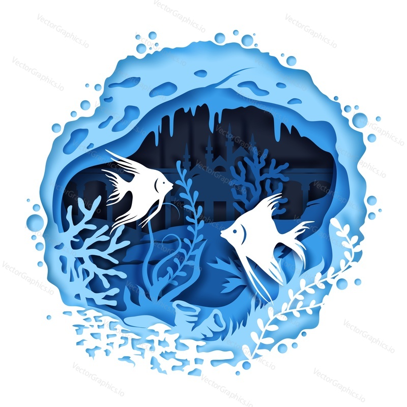 Vector layered paper cut style undersea cave, tropical exotic fish, aquatic plants and sunken city buildings. Aquarium, deep ocean bottom landscape, fish tank decorations in paper art craft style.