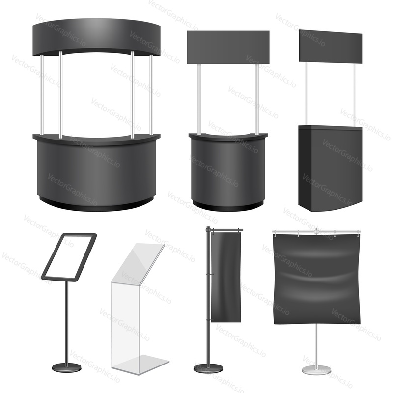 Black exhibition stand mockup set, vector illustration isolated on white background. Realistic blank promotion counter, trade booth and display stand, flag banner template.
