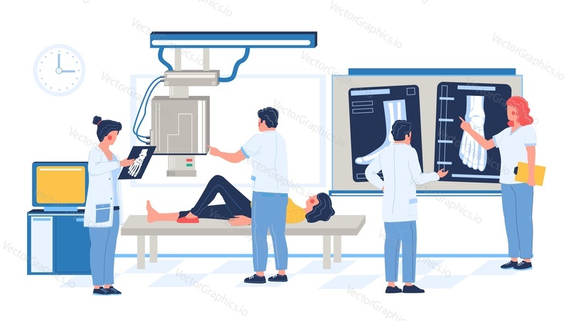 Fluoroscopy exam in hospital, clinic, flat vector illustration. Patient woman lying on medical table, xray machine taking image of broken leg, doctors looking at xray pictures. Bone fracture, injury.