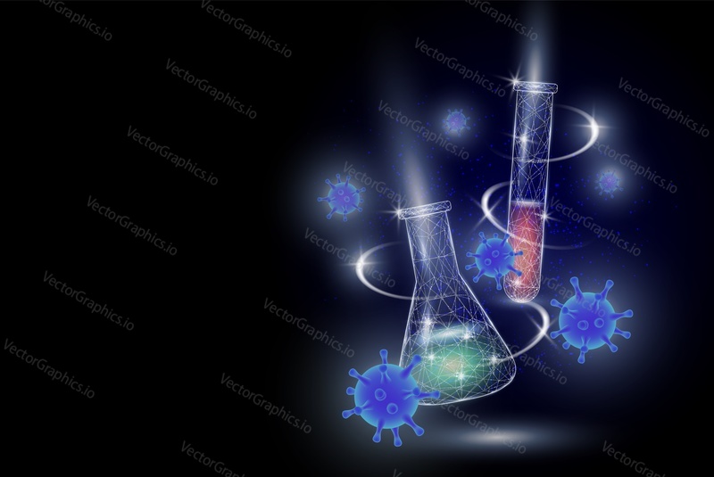 Virology research lab vector poster. Ilustrace virové epidemie. Vakcína proti respiračním onemocněním koronaviru. Corona virus patogen zárodečné pozadí. Mikrobiologie věda banner šablona