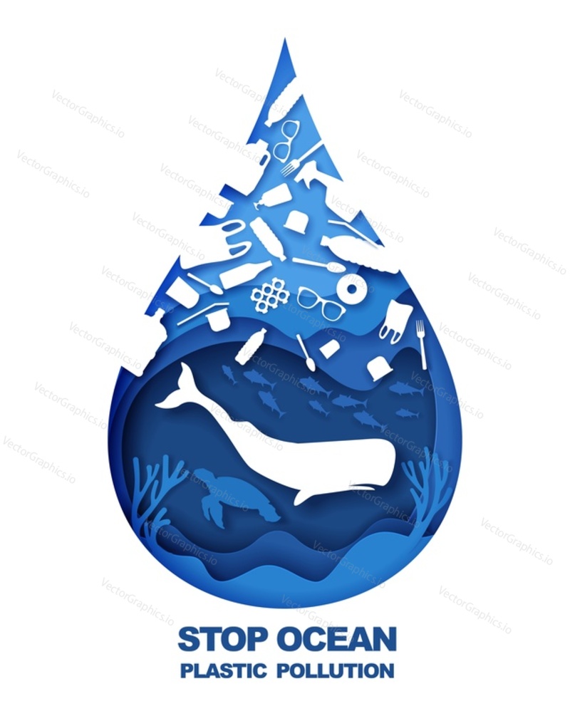 Stop ocean plastic pollution. Vector illustration in paper art style. Water drop with marine animals and plastic trash inside. Ocean environmental problem, ecology.