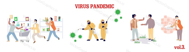 Virus pandemic, vector flat isolated illustration. Social distancing, cleaning, disinfection, washing hands with soap quarantine rules and preventive measures. Corona virus spread prevention