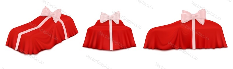 New car surprise gift reveal, vector illustration isolated on white background. Automobile covered with realistic red silk curtain, pink ribbon with bow. Auto show, car present reveal event.